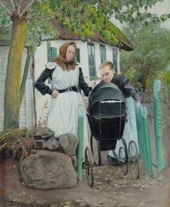 Udenfor Et Bondehus. To Kvinder Ved En Barnevogn Udenfor Et Bondehus. To Kvinder Ved En Barnevogn