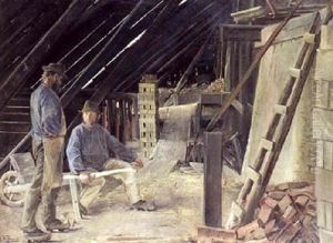 I Teglvaerket. Ovnladen Med Stabler Af Sten Og Forskellige Redskaver. To Arbejdsmaend. by Laurits Andersen Ring