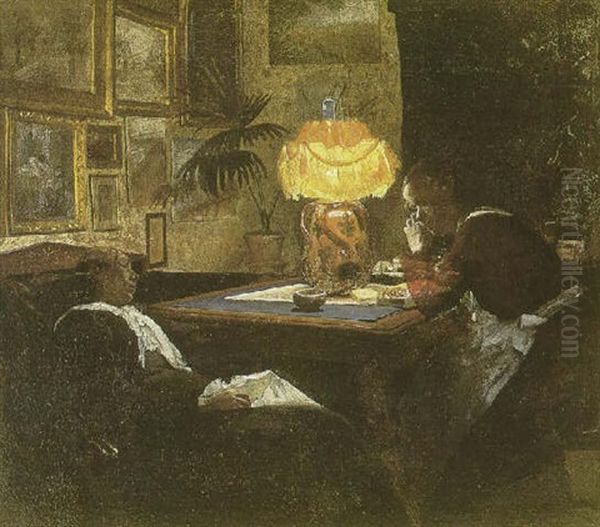 Interior I Lampelys Fra Kunstnerens Hjem, Med Kunstnerens Hustru Sigrid Ring Og Ung Pige Siddende Ved Et Bord - view 1