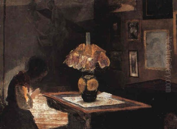 Dame Syende Ved Lampelys - view 1