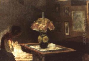 Rumsinterior Med Kvinna Broderande I Lampsken by Laurits Andersen Ring