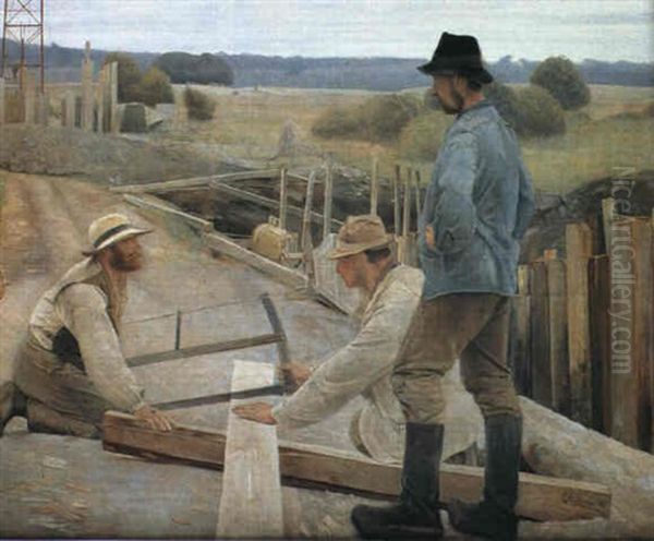 Arbejdere Ved Vandledningen Ved Sonderso, En Afstivet Udgravning Med Eng Og Skov Som Baggrund.... - view 1