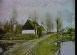 Vej Ved Gadekaeret I Baldersbronde, Gra Skyer, Vand I       Forgrunden Til Begge Sider,....