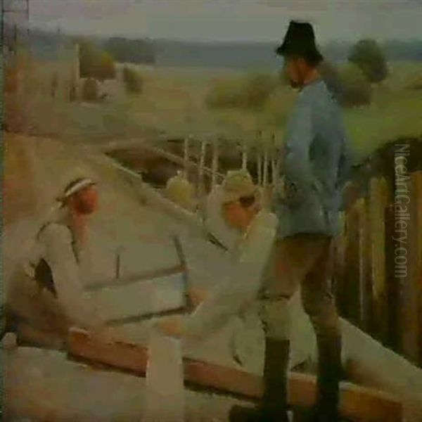 Arbejdere Ved Vandledningen Ved Sonderho. En Afstivet Udgravning Med Eng Og Skov Som Baggrund - view 1