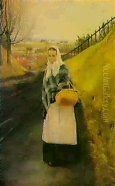 En Kone Med Ternet Shawl, Hvidt Strikket Hovedtorklaede Og  En Kurv Pa Armen Gaende Pa En Landvej. 1881 - view 1