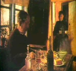 Ved Frokostbodet. Til Venstre En Mand Ved Et Daekket Bord. I Baggrunden Kommer En Kone Med Kaffen. Fra Baldersbronde by Laurits Andersen Ring