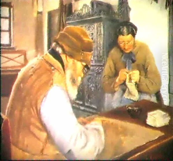 Husmandsfolk I Ring. Manden Ifaerd Med At Klistre Papirs- Poser, Konen Sidder Og Stikker Op Ad Bilaeggerovnen - view 1