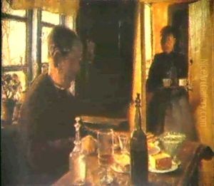 Ved Frokostbordet. Til Venstre En Mand Ved Et Daekket Bord. I Baggrunden Kommer En Kone Med Kaffen by Laurits Andersen Ring