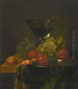 Still Life Of A Glass, With Peaches, Shrimps And Grapes On A Pewter Dish by Pieter de Ring