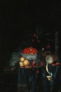 Still Life With A Lemon, Shrimps, Wine And A Delft Bowl With Cherries by Pieter de Ring