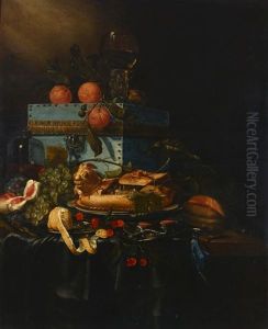Grapes, Peaches, Cherries And Other Fruit, With A Chest And A Goblet, On A Draped Table