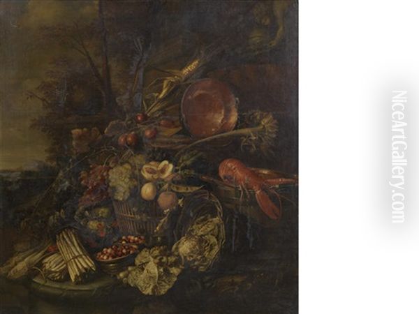 A Still Life Of A Bunch Of Asparagus, Bowls Of Wild Strawberries, A Basket Of Fruit, Lettuces, A Lobster In A Wooden Pail And A Copper Pan Beneath A Stone Sculpture In A Wooded Landscape - view 1