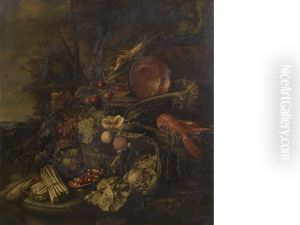 A Still Life Of A Bunch Of Asparagus, Bowls Of Wild Strawberries, A Basket Of Fruit, Lettuces, A Lobster In A Wooden Pail And A Copper Pan Beneath A Stone Sculpture In A Wooded Landscape by Pieter de Ring