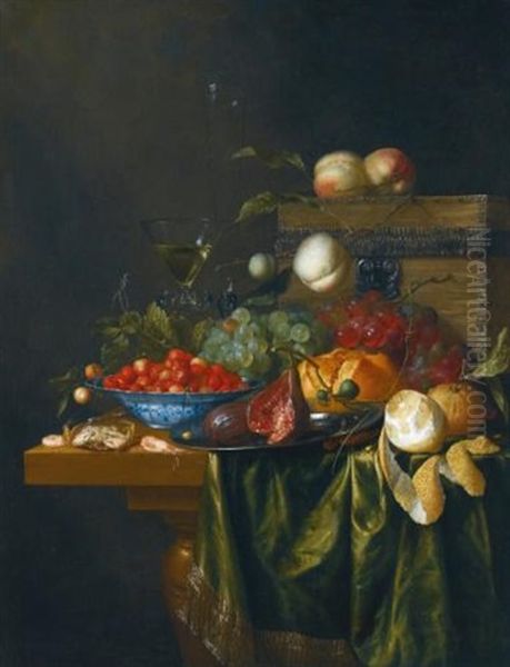 Still Life With Oranges, Peaches, Grapes And Cherries In A Wan-li Bowl On A Table Top by Pieter de Ring