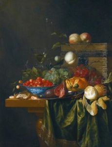 Still Life With Oranges, Peaches, Grapes And Cherries In A Wan-li Bowl On A Table Top by Pieter de Ring