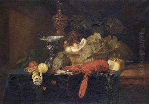 An Orange, A Lemon, Grapes, A Silver Standard With A Porcelain Plate, A Golden Cup, Oysters On A Pewter Plate, A Lobster, A Fruit Basket by Pieter de Ring