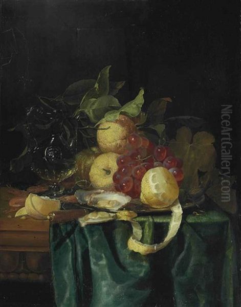 A Venetian Jug, Facon De Venise Glass, Lemons, Grapes, Oysters, Shrimp And Cobnuts On A Silver Platter And A Knife And Ring On A Partially Draped Table - view 1