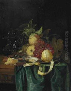 A Venetian Jug, Facon De Venise Glass, Lemons, Grapes, Oysters, Shrimp And Cobnuts On A Silver Platter And A Knife And Ring On A Partially Draped Table by Pieter de Ring