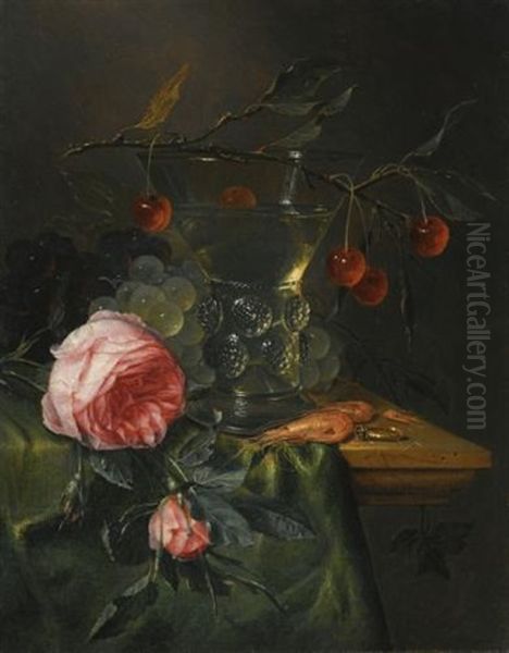 A Still Life With A Cherry Branch Over A Half-full Conical Roemer, Red And Green Grapes, Prawns, A Ring, And Two Roses Over A Table - view 1