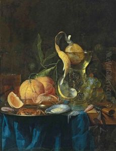 A Facon-de-venise Wine Glass, Oysters, Crabs And Shrimp On A Silver Platter, And Oranges And Grapes, On A Partly Draped Wooden Table by Pieter de Ring
