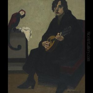 Woman With Mandolin And Her Pet Parrot by Marius Borgeaud