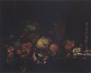 Grapes, Pomegranates, Melons, Oranges And Other Fruit With Oysters And Gilt Tokaal, On A Partially Covered Table by Pieter de Ring