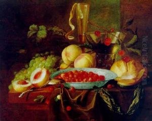 Stilleben Mit Pfirsichen, Erdbeeren, Weintrauben, Einer Taschenuhr Und Einem Glas Wein
