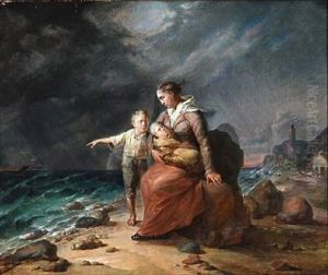 Storm At A Coast With Mother And Children Fearing For The Father's Life At Sea