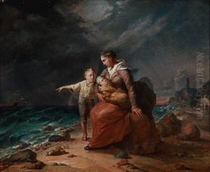 Mother And Children Fearing For The Father's Life At Sea