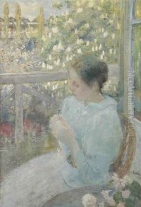 A Lady On The Balcony With A Blossoming Chestnut Tree Beyond by Paul Rink