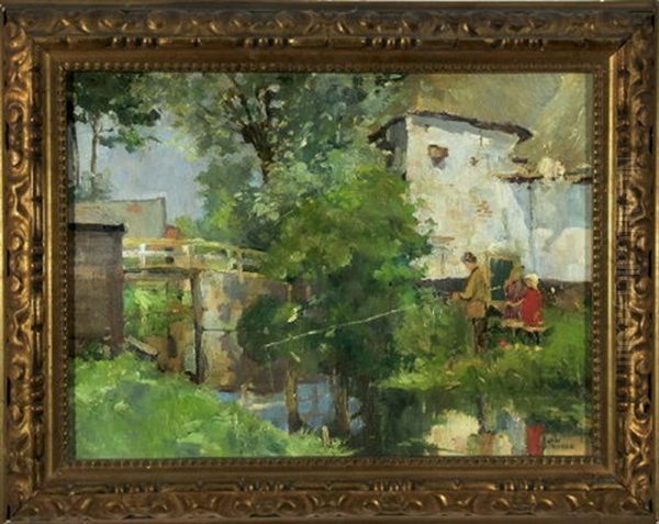 Angler Mit Kindern Am Bach Hinter Einem Baum Und Einer Mauer Verborgen - view 1