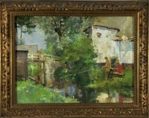 Angler Mit Kindern Am Bach Hinter Einem Baum Und Einer Mauer Verborgen by Jan Rinke