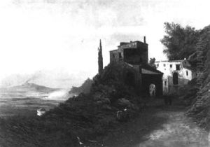 An Italian Landscape With Figures Near A Village by Carlos Rintermann