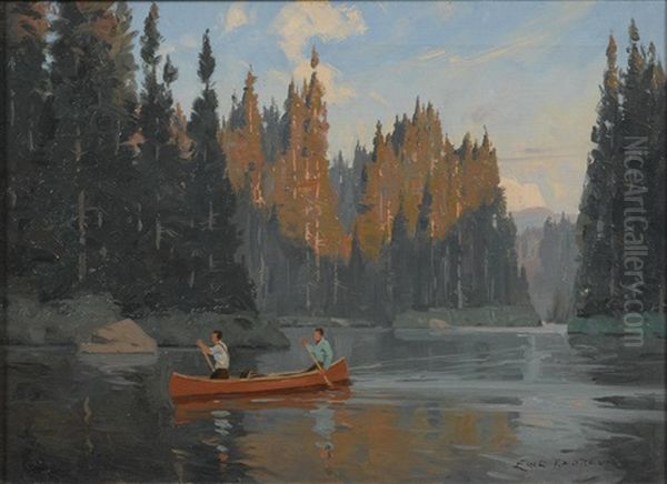 A Lake Scene With With Two Figures Canoeing In The Foreground - view 1
