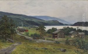 Hest Og Vogn Pa Landevei Med Gardsbruk by Fredrik Borgen