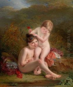 Zwei Sich Schmuckende Kleine Madchen by Louis Edouard Rioult