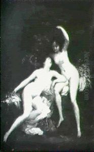 Jeunes Baigneuses Effrayees Par Une Couleuvre & Jeunes Baigneuses, L'une D'elles Abaisse Une Branche... by Louis Edouard Rioult