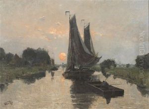 Boten Op Een Poldervaart Bij Ondergaande Zon