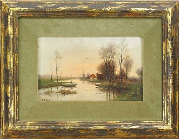 Hollandische Flusslandschaft Mit Windmuhle Bei Dammerung - view 1