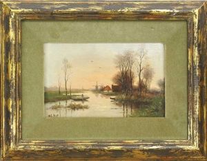 Hollandische Flusslandschaft Mit Windmuhle Bei Dammerung