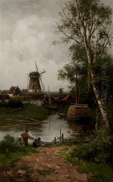 Fishermen Along The Water With A View Of Mills - view 1