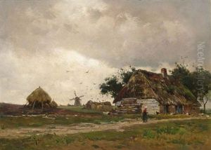 A Peasantwoman On A Country Road, Dark Clouds Gathering by Willem Cornelis Rip