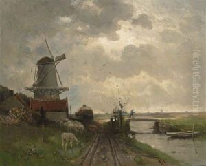 A Windmill In A River Landscape A Windmill In A River Landscape