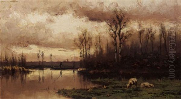 Sheep Grazing Near The Water - view 1