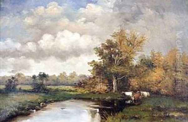 River Landscape With Cattle Watering Beside A Woodland Lake - view 1