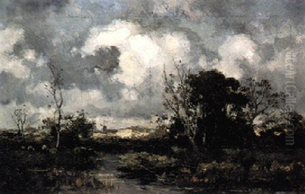A Figure Rowing In A Polder Landscape - view 1