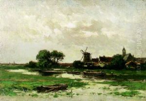 Dutch Landscape With Figures On A Lake And A Village With Windmill Beyond by Willem Cornelis Rip
