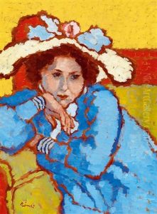 Girl In A Blue Dress And Hat With Flowers