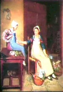 Jeunes Filles Preparant Des Corbeilles De Roses by Fabien van Risambourg
