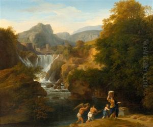 Figures In A Mediterranean Mountain Landscape With A Waterfall And A Castle by Christoph (Johann Christoph) Rist